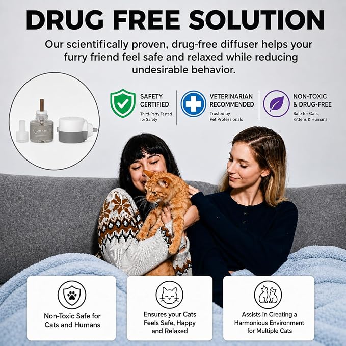 Feline Pheromone Calming Diffuser | Plug in for Cat Stress, Anxiety, Fighting, Scratching, Over Grooming, Meowing | Ideal for Multi Cat Homes | 1 Diffuser + 3 Refills