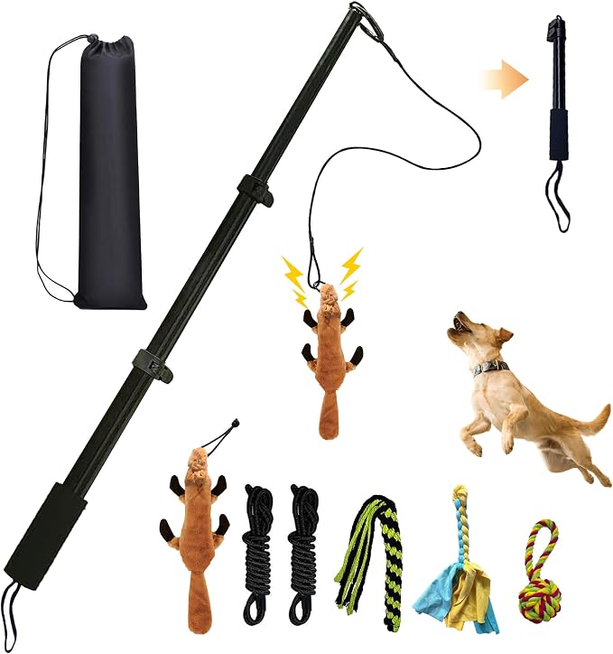Flirt Pole for Dogs, Interactive Dog Toys Extendable Teaser Wand with Lure Chewing Toy, Chase and Tug of War for Small Medium Large Dogs Training Playing Exercise