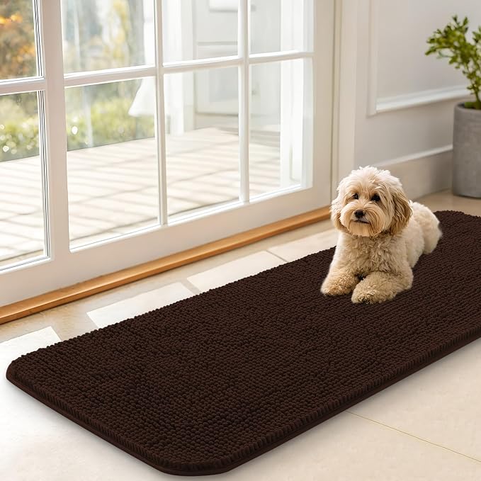 OLANLY Dog Door Mat for Muddy Paws 47x17, Super Absorbent Chenille Mud Mat | Brown, Absorbs Moisture and Dirt, Non-Slip Machine Washable Doormat, Quick-Drying Indoor Entryway Floor Carpet for Dogs