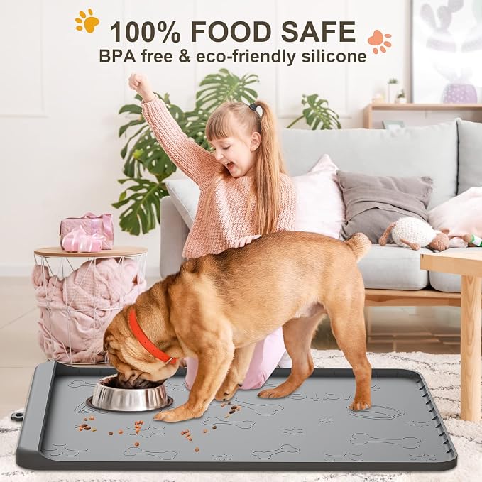 Dog Food Mat 36"x24" - Silicone Dog Mat for Food and Water Large Pet Feeding Mats with Residue Collection Pocket - Waterproof Dog Cat Bowl Mat with High Edges to Prevent Water Food Spills (Gray)
