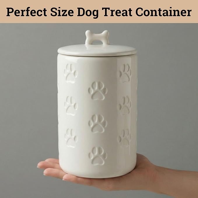 Dog Treat Container Airtight, 5"W x 9"H, Ceramic 7 Cups Big Treats Canister | Sturdy Durable Ceramic, Airtight Ceramic Lid, Fits All Popular Treats, Food Safe, Cute all-over Paw Prints and Bone Handle