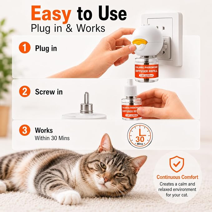 Cat Calming Diffuser - 6 in 1 Kit Cat Pheromones Calming Diffuser for Anxiety Relief, Stress, Excessive Meowing & Scratching, 120 Day Supply 2 Plug in + 4 Pack 48ml Refill (Tasteless)