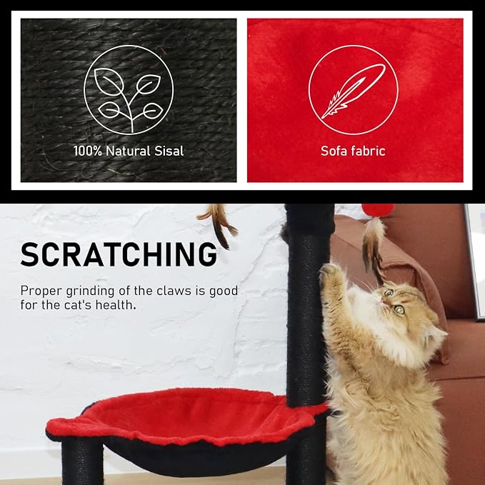MECOOL Cat Tree Tower 37" Tall Scratching Post with Large Hammcok for Indoor Cats,Self-Massage Bursh Hanging Ball Toys,Black