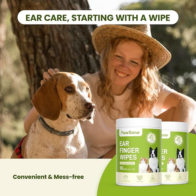 PawSono Dog Ear Wipes - 100 Count Dog Ear Cleaner Finger Wipes for Dogs & Cats, Pre-Moistened Ear Cleaning Wipes for Puppies, Kittens & Small Animals, Thick Pet Ear Wipes to Remove Wax, Dirt & Debris