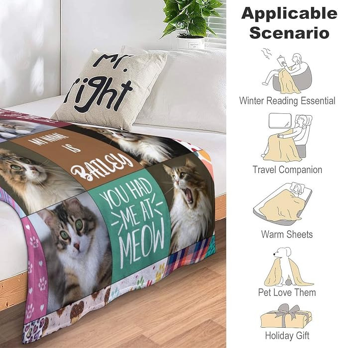 Personalized Pet Photo Blanket, Custom Pictures Collage Cat Memorial Gift, Cat Loss Gift Remembrance Pet Blanket for Family Friends Pet Sympathy Gift for Kids and a Grieving Pet Owner 60"x80"