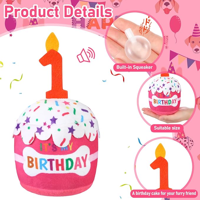 Dansydaisy Dog Birthday Cake Toy Accessories for Girl Boy Gifts, Squeaky Plush Toy for Dog Birthday Party Decor Favor for Large, Medium and Small Dogs(1st,Pink)