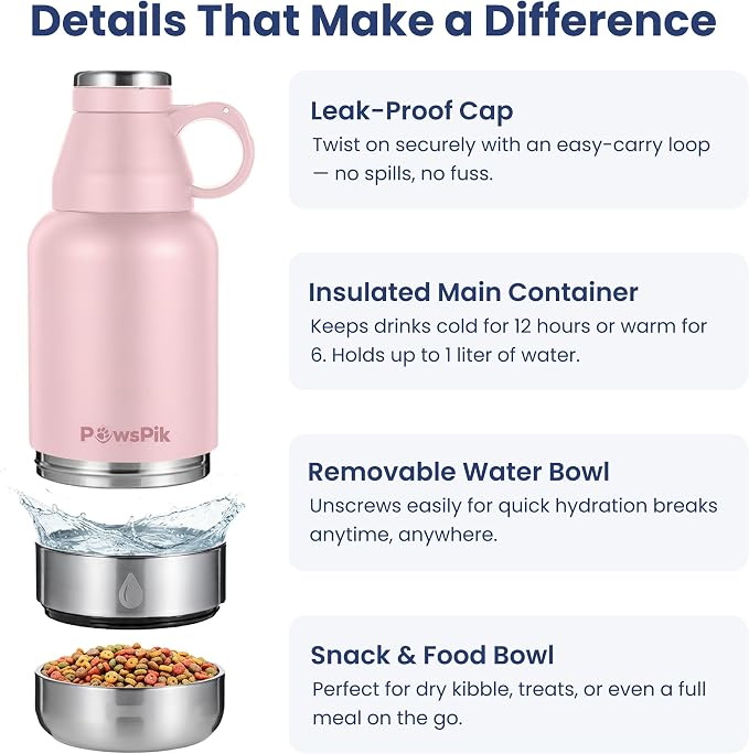 PawsPik 32oz 3-in-1 Travel Dog Water Bottle & Bowl Set – Stainless Steel Vacuum-Insulated Bottle with Detachable Food & Water Bowls, Leak-Proof, Keeps Water Cold 12hrs/Hot 6hrs (Cherry Blossom Pink)