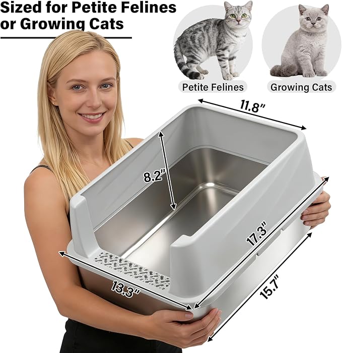 Stainless Steel Litter Box with Lid, Metal Litter Box High Sides, Low Entry Litter Boxes with Scoop and Mat,Non-Stick,Anti-Leakage,Easy to Clean Litterbox for Small to Medium Cats