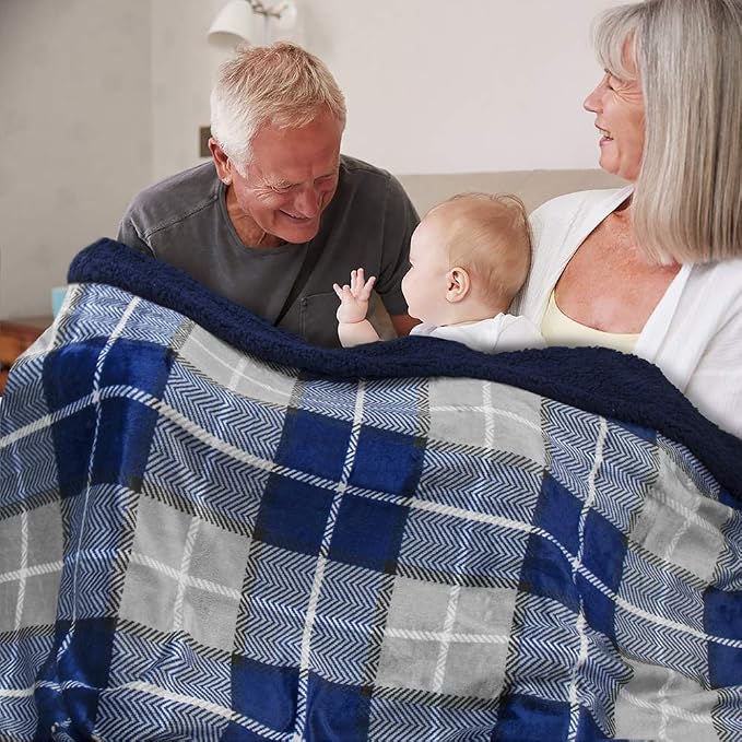 PAVILIA Waterproof Blanket for Couch, Sofa | Pet Protector for Large Dog, Puppy, Cat | Plush Soft Warm Fuzzy Sherpa Throw | Plaid Navy, 60x80