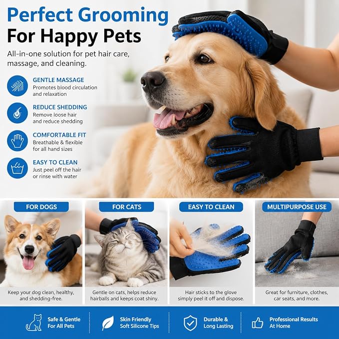 Pet Grooming Gloves – Deshedding & Bath Brush Gloves for Dogs, Cats & Horses, Gentle Hair Remover & Massage Mitt (Blue)
