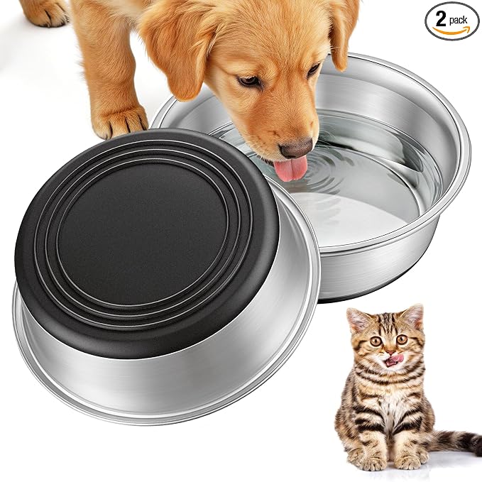Stainless Steel Dog Bowls Set of 2, Extra Thick Metal Bowls, with Non-Slip Rubber Base Dog Bowl, BPA Free, Holds 2 Cups(16 fl oz), for Small Dogs & Cats, Black