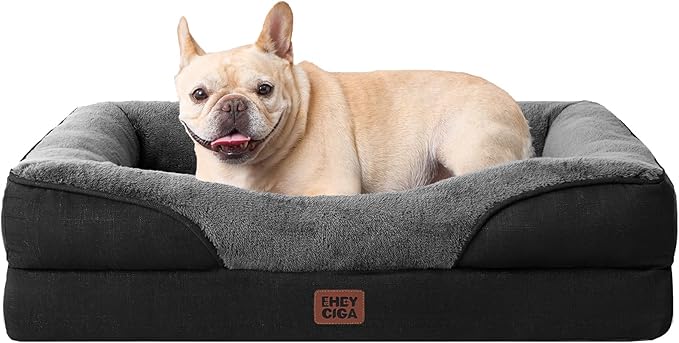 EHEYCIGA Orthopedic Dog Bed for Medium Dog, 30x20 Inch Memory Foam Dog Couch Bed with Sides, Waterproof Liner & Washable Removable Cover, Bolster Pet Sofa, Grey/Black