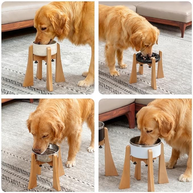 Solid Wood Elevated Dog Bowl Stand with Adjustable Width, 10-Inch Raised | Fits 6.3-7.8 Inch Dog Food & Water Bowls, Non-Slip Base, Ergonomic Design for Corgis, Beagles, Medium Breeds, Stand Only