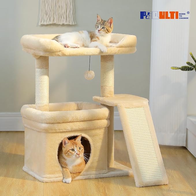 PEQULTI Cat Tree for Small Medium Cats, Beige Cat Tower for Indoor Cats | Beige aesthetic cat furniture with soft perch, private condo, natural sisal scratch post for indoor small medium kittens