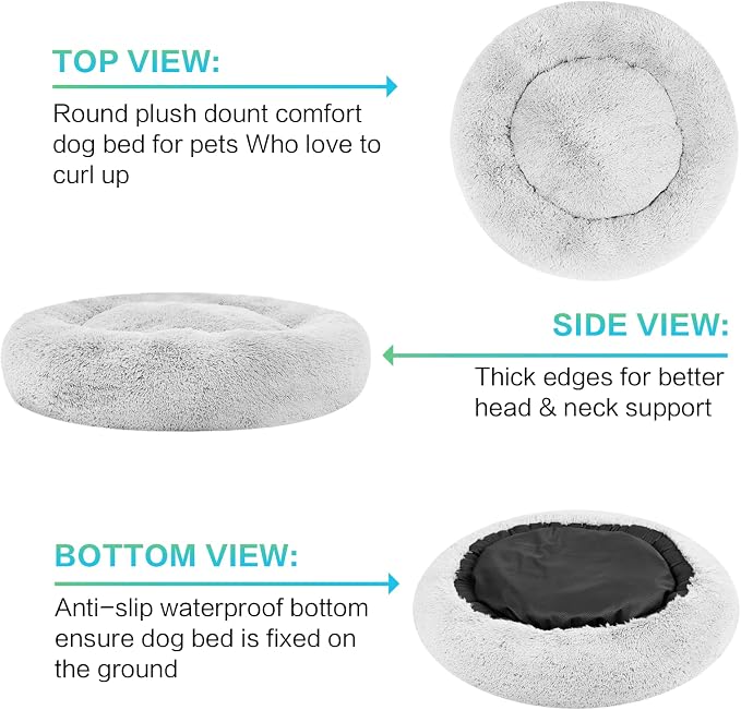 SAVFOX 45 inches Calming Donut Dog Bed - 3X Durable Plush Faux Fur, Machine Washable & Non-Slip, Fits up to 150 lbs, Light Grey