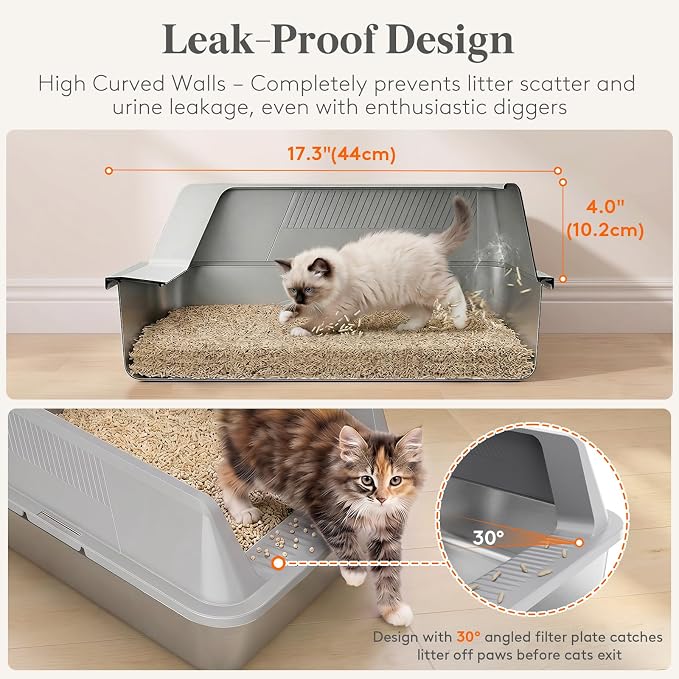 Lifewit Stainless Steel Litter Box for Kitty, Small Metal Cat Litter Tray with Non-Slip Pads, Anti-Leakage Top Entry and High Sided, Easy to Clean, 17.7" L×13.8" W×8.3" H, Gray