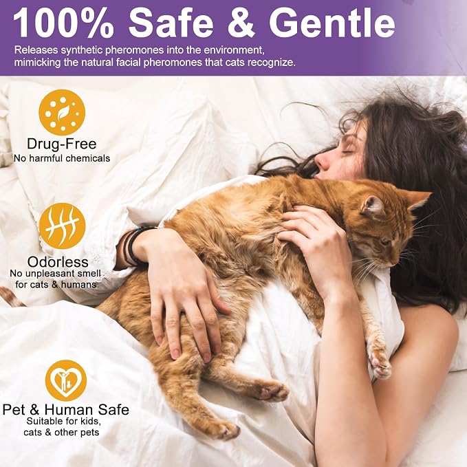 Cat Calming Pheromone Diffuser, 4 Refills 48ml & 2 Diffusers, 120 Days Long-Lasting, Relieve Anxiety, Reduce Fighting, Spraying & Scratching, Safe for Cats Kittens & Humans