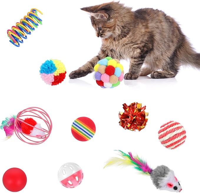 150 Pcs Cat Toys Bulk for Indoor Cats, Kitten Toys Assorted Variety Pack, Cats Toy Bundle with Mice Rainbow Balls/Springs Crinkle Balls/Lattice/Sisal/Table Tennis/Plush/Caged Bell for Kitty Kitten