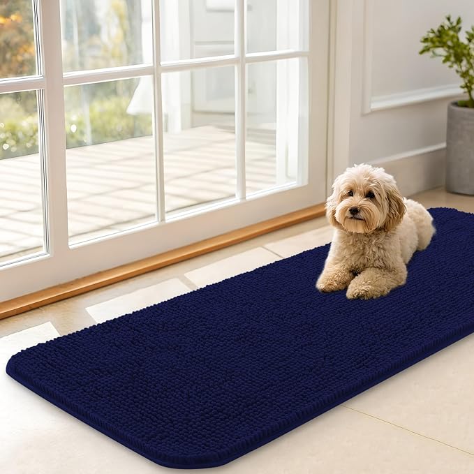 OLANLY Dog Door Mat for Muddy Paws 47x17, Super Absorbent Chenille Mud Mat | Navy Blue, Absorbs Moisture and Dirt, Non-Slip Machine Washable Doormat, Quick-Drying Indoor Entryway Floor Carpet for Dogs