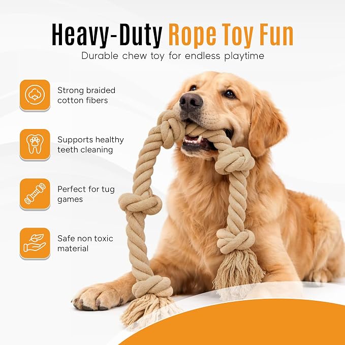 Ali+Oli Pets Dog Rope Toy for Large Dogs, Heavy Duty 5-Knot Cotton Tug-of-War Rope for Aggressive Chewers, Durable Interactive Chew Toy