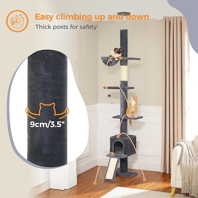 PEQULTI Floor to Ceiling Cat Tree, Adjustable 83-108in 5-Level Tower, Smoky | Tension-mounted tall cat tower with 5 levels, cozy condo, hammock & sisal scratching post; wide base for indoor adult cats