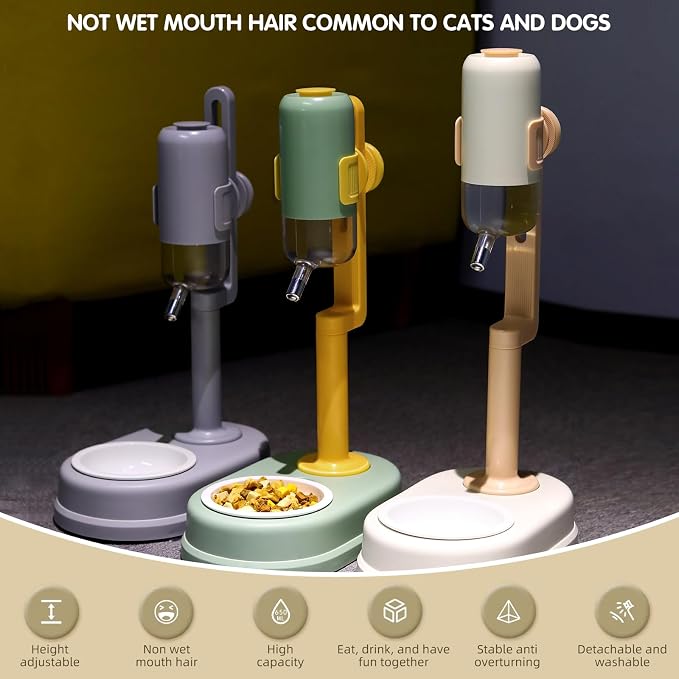 Pet Standing Water Dispenser Cat Dog Standing Ceramic Bowl Automatically Feeding Water Height Adjustable Detachable Pole (Pink-White, Large)