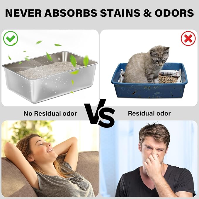 Stainless Steel Litter Box 2 Pack, 23.6x15.8x8 Inch(Deep) Stainless Steel Cat Litterbox XXL with High Sides, Non Stick No Smell Easy Clean Jumbo Metal Litter Boxes for Big/Fat Cats
