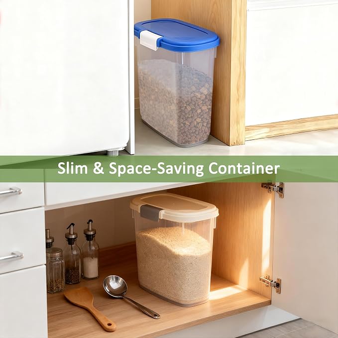 Large Rice Storage Container 15-20 Lbs, Tall Flour Container Dry Food Bin | Slim Food Container with Scoop, Cup for Cereal, Sugar, Beans, Pet Dog Cat Food, Kitchen and Pantry Storage Organization
