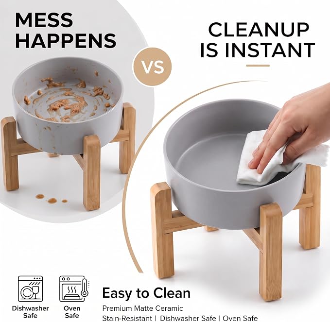 hjn Elevated Ceramic Dog Bowl 15°Slanted Raised Dog Bowl with Bamboo Stand for Small Medium Dogs and Cats, Pet Feeder-3.6-Cup (850ml)-Gray