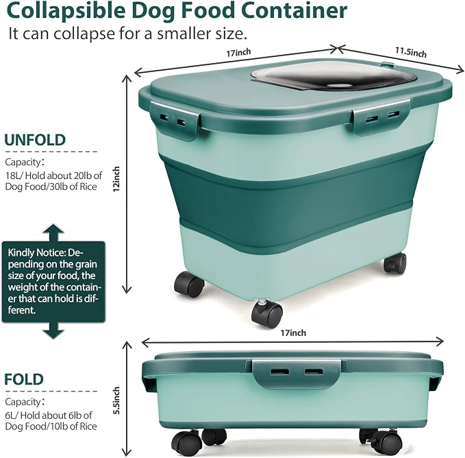Viretec Dog Food Storage Container, 10-20Lbs Collapsible Pet Food Storage Containers with Rolling Wheel Airtight Locking Lid, Dry Food Storage Bin with Cup and Scoop,Suitable for Pet Food, Flour, Rice