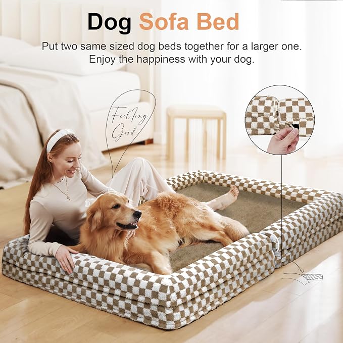 NANUYA Orthopedic Dog Bed for X-Large Dogs, 40 x 32 Inch, Brown Grid | Egg crate foam for joint support, 3-sided bolster pet sofa, waterproof lining, washable cover, and non-skid base