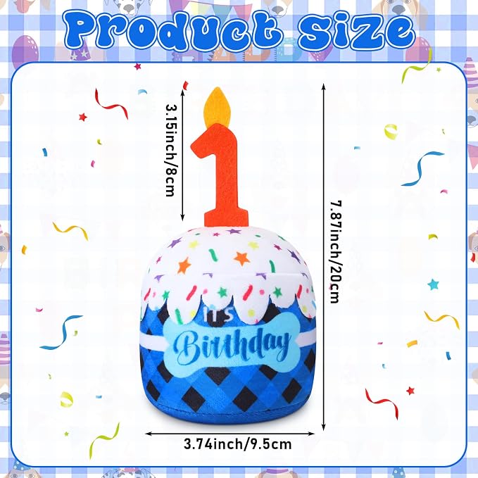 Dansydaisy Dog Birthday Cake Toy Squeaky Plush Toy for Girl Boy Gifts, Chew Accessories for Dog Birthday Party Decor Favor for Large, Medium and Small Dogs(1st,Blue Grid)