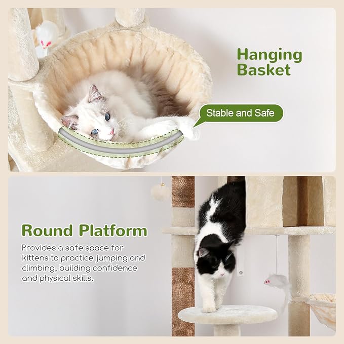 Globlazer Cat Tree Tower for Multiple Adult Cats, 82 inch, F82, Beige | XXL Tall Cat Tree Tower for Indoor Cats with Scratching Post, 3 Perches, 2 Condos, 2 Hanging Baskets
