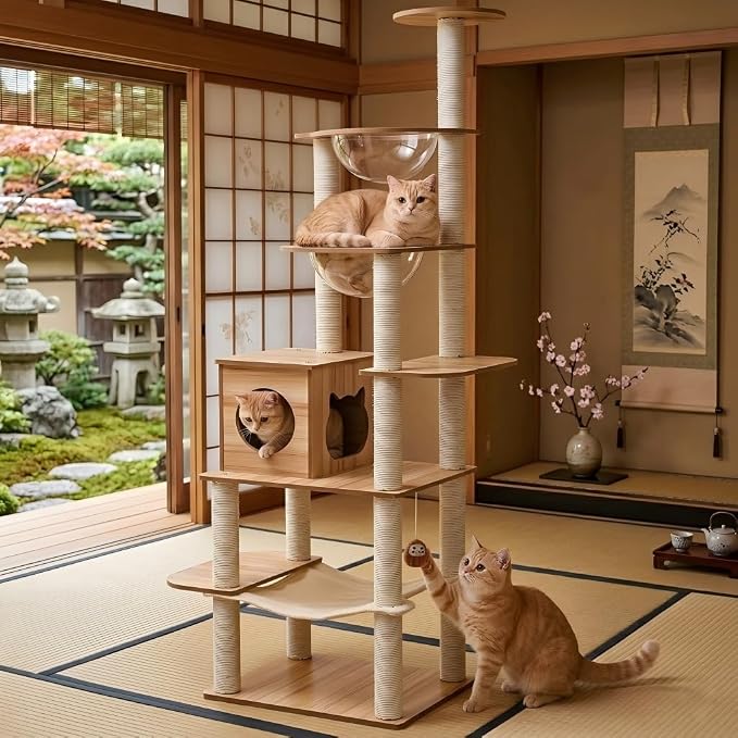 76-Inch Multi-Pure Wood-Level Cat Tree Tower with Condo, 16 Soft Plush Scratching Post,2 Space Capsule, with Cat Hammock,5-Story Perching Platform,Cat Tree for Large Cats.（1115）