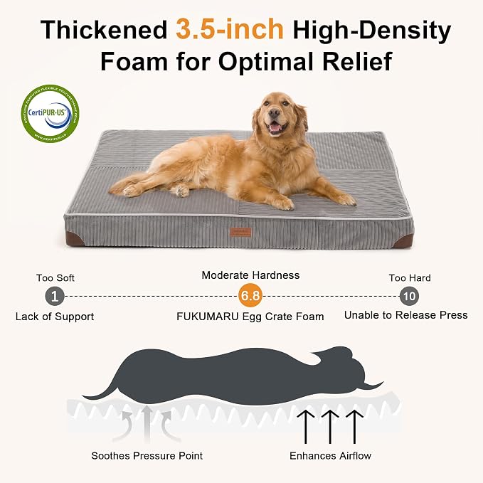 FUKUMARU Large Dog Bed, Thickened Waterproof Dog Mat with Washable Cover | Corduroy Orthopedic Dog Bed for Crate, 28D Egg Crate Foam Support Pet Mat, Cozy Flat Dog Pad with Anti-Slip Bottom