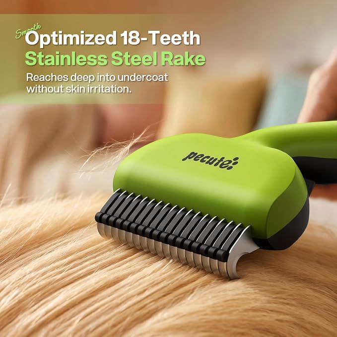 Pecute Self-Cleaning Undercoat Rake for Dogs Cats with Thick Double Coats | 1-click clean, 304SS, 18 rounded teeth, For seasonal heavy shedding & matting, Gentle on pets, Ideal for long/dense coats