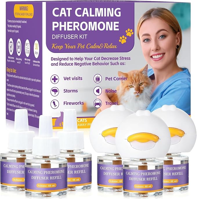 9-In-1 Advanced Cat Pheromone Calming Diffuser 180 Days (3 Plugs+6 Refills) | Relieve Anxiety, Help Reduce Fighting, Spraying & Scratching, Drug-Free & Odorless Safe Relaxation Solution