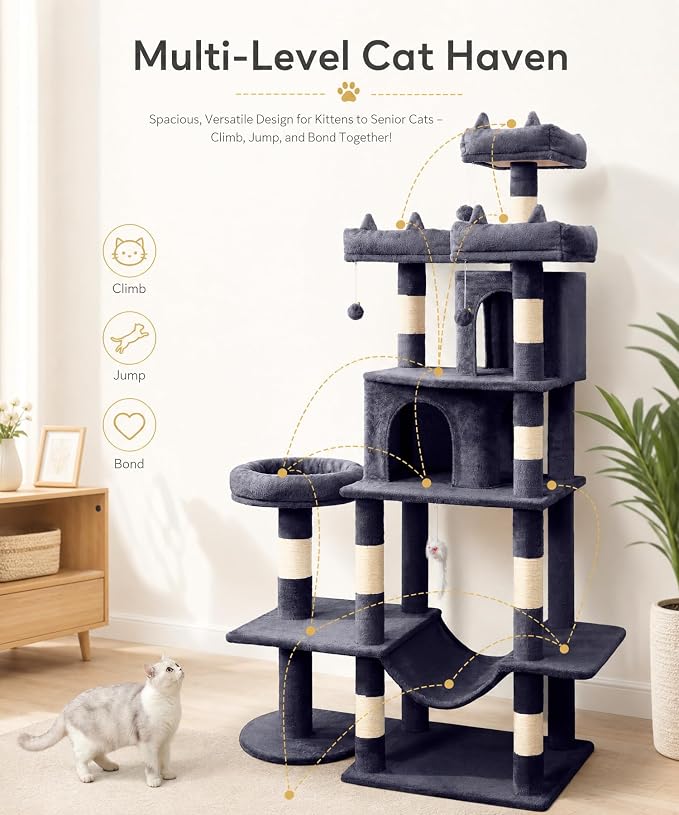 Cat Tower, 71 Inch Heavy Duty Cat Tree for Large Cats | Tall Cat Tree Tower with Extended Base, 2 Condos, 3 Perches, 9 Sisal Posts & Hammock for Indoor Adult Cats, Dark Grey