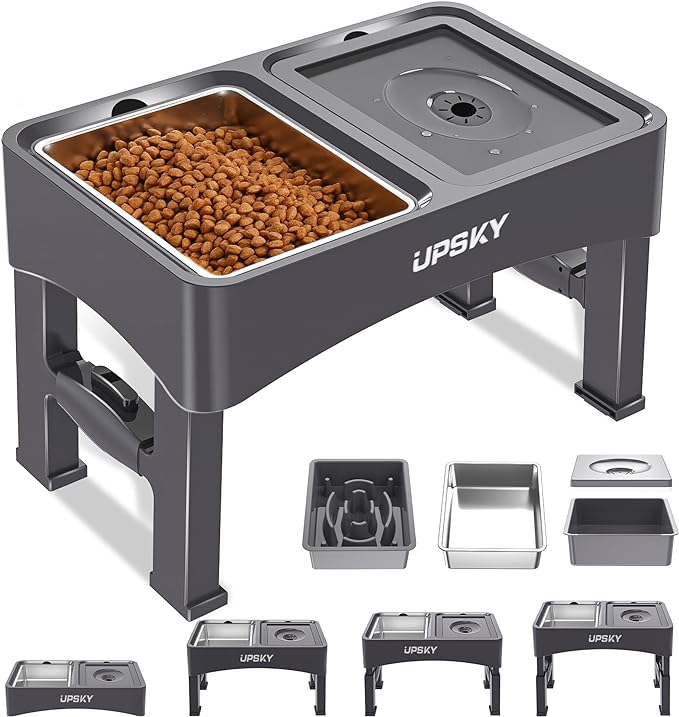 UPSKY 3-in-1 Elevated Dog Bowls Set with 4 Height Adjustable Stand, Gray | 304 Stainless Steel Bowl, No Spill Water Bowl, Slow Food Bowl, Anti-Slip, Dishwasher Safe, Suitable for Small Medium Dogs