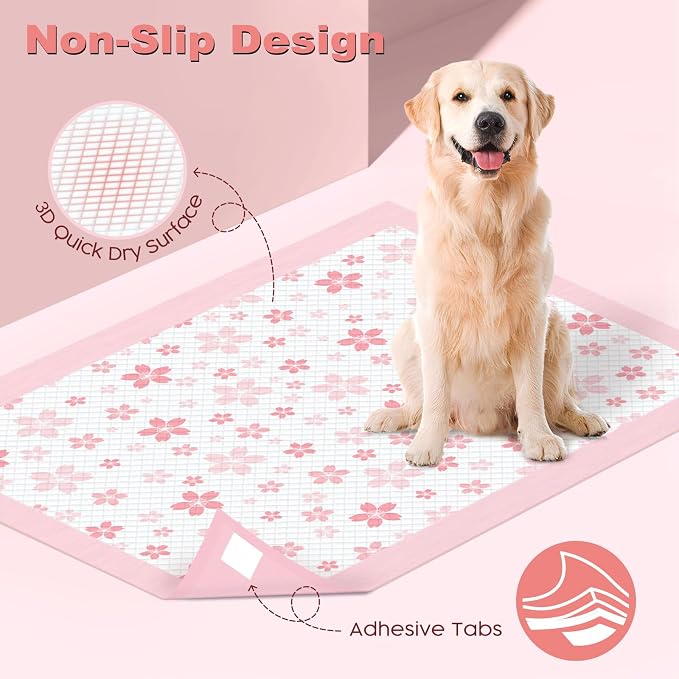 MIZOK Dog Pee Pads Extra Large 28"x34", Potty Pads for Big Dog Breeds, Super Absorbent & Leak-Proof, Pink Cherry Blossom Prints, Thick & Heavy, 4-Corner Adhesive Tabs, XL (30 Counts)