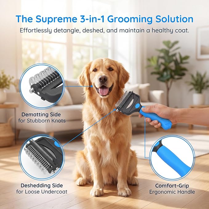 Deshedding Dog Brush，3-in-1 Undercoat Rake for Dogs (Blue) | Pet Pro Grooming Tool – Ultimate Dematting Comb & Deshedding Brush for Cats and Dogs, Perfect for Shedding & Detangling