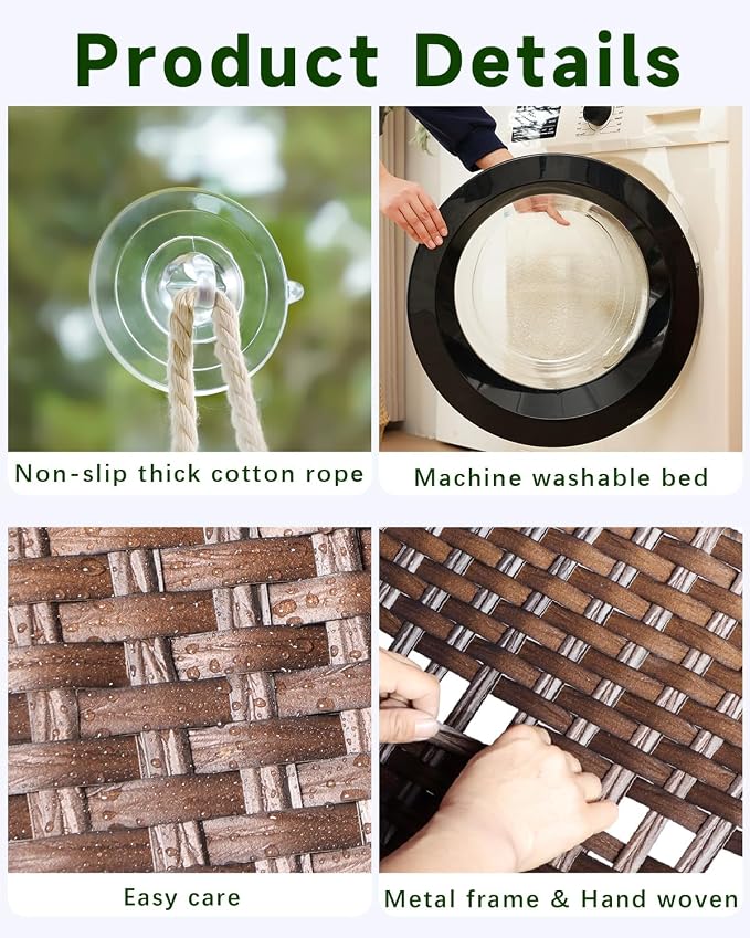 SETVSON Cat Window Perch, Cat Window Hammock Bed for Indoor Cats, Brown | Handwoven PE Rattan Window Seat, 4 Strong 3.2-In Suction Cups, Double Sided Washable Cushion Bed, 2.3 Inch Fence, Easy Care
