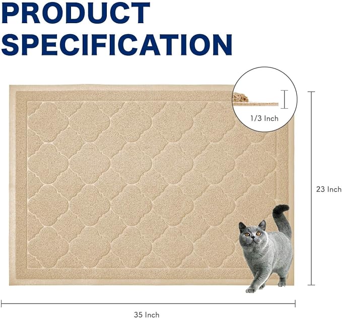 Cat Litter Box Mat, Kitty Premium PVC Pad, Durable Trapping Rug, Phthalate Free, Urine-Resistant, Scatter Control, L 35 x 23 Inch, Beige