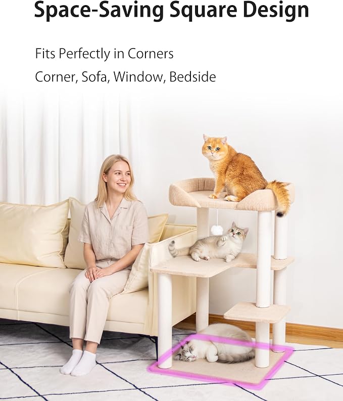 Cat Tree for Large Cats, Modern Senior Friendly Cat Tower with Wide Shelves, Cotton Scratching Posts, Super Sturdy Base, Cozy Perches, and Interactive Toys for Indoor Kittens, 37.4'' Ivory.