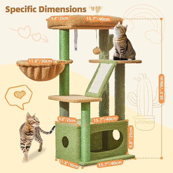 Taoqimiao Cactus, Cat Tree, 38.5In Cat Tower for Indoor Cats, for Kittens | Thick Padded Top Perch, Luxurious Cat Condo, Adjustable Basket, 1-Piece Ramp Scratcher, 3 Natural Sisal Posts, MS029ST