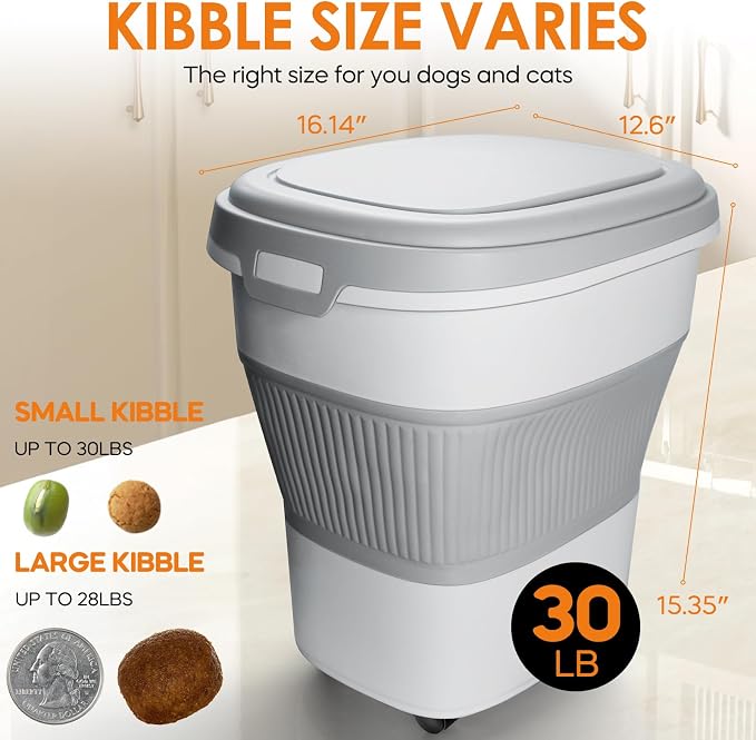 28-30lbs Collapsible Dog Food Storage Container,Airtight Dog Food Container | Pet Food Storage Container with Double Seal Lid,Wheels,Multifunctional for Dog,Cat,Rice,Flour,Scoop &Small Container