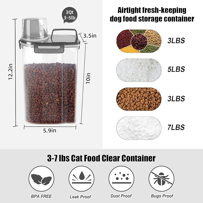 LEAWALK 3-5Lbs/3Qt Dog Cat Food Storage Container With Foldable Bowl. Plastic Pet Food Dispenser for Small Animal Kibble/Pet Food/Bird Seed/Oatmeal/Rice/Flour/Brown Sugart/Cereals (Clear Black)