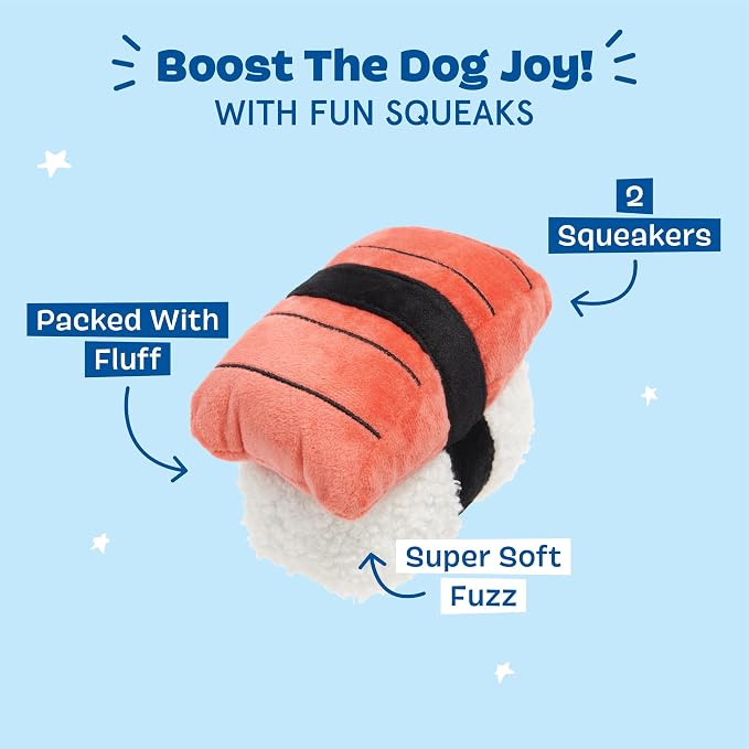 BarkBox Super Tasty Tuna Sushi Dog Toy | Plush Nigiri Toy with 2 Squeakers, Super Soft Fuzz & Fluffy Filling | for Small to Medium Dogs