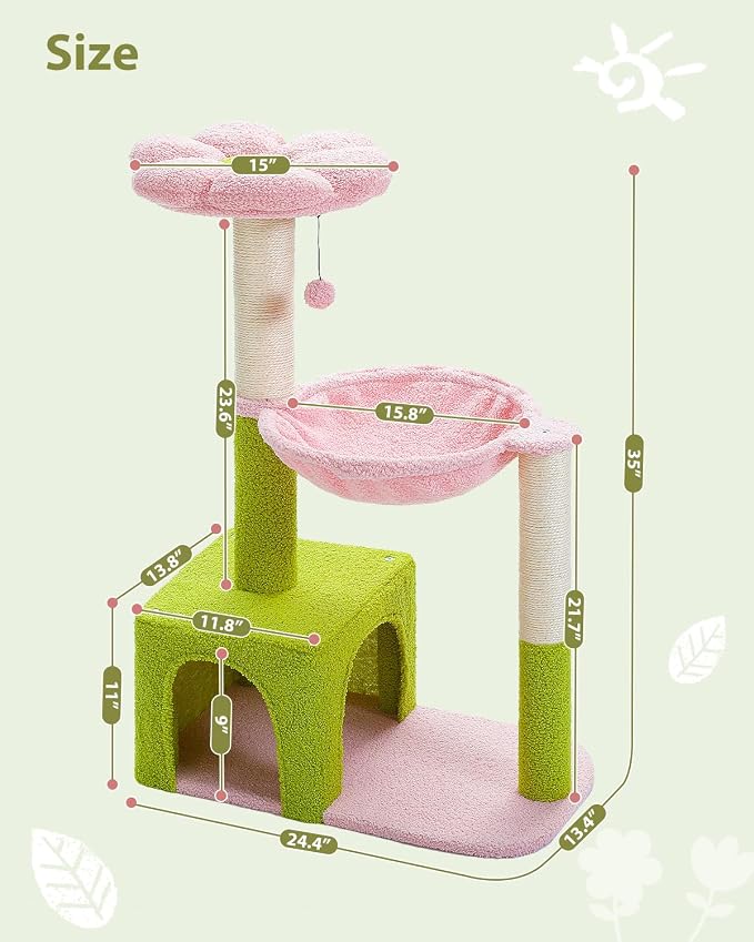 Flower Cat Tree with Large Metal Frame Hammock, 35" Cute Cat Tower with Sisal Scratching Posts for Small Indoor Cats, Cat Condo with Pink Top Perch for Kittens, Pink | Flower-shaped top perch, Metal frame hammock, Sisal scratching posts, Cozy pink cond...