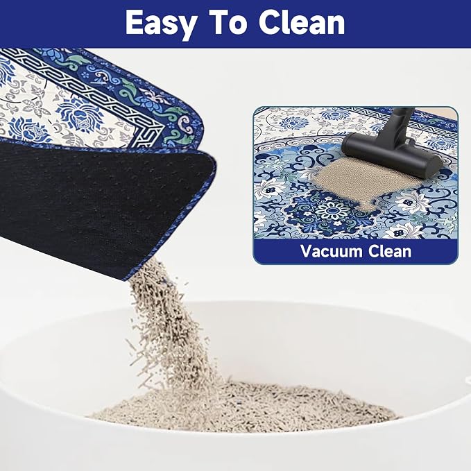 Cat Litter Mat, Reusable Kitty Litter Trapping Mat 2 PCs, 35"x35" Washable Litter Mats for Cats, Waterproof & Non-Slip Compatible with Cat Box (Indigo Blue Medallion, 35"x35"(2 PCS))